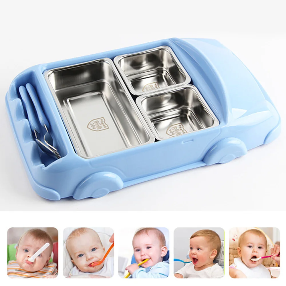 

Baby Dishes Plate+spoon+fork Feeding Food Tableware Safefood-Grade Materials Stainless Steel Kids Lunch Box Cute Car Shape Bowls