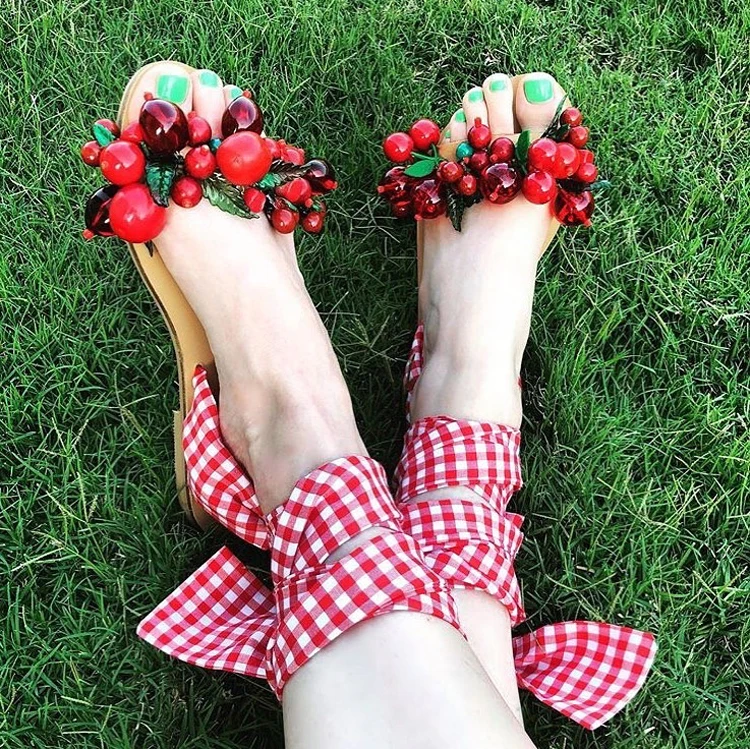 

2020 red Bow Flat Sandals Hand-Beaded Summer Women Sandals Flat Comfortable Beach Shoes Ankle Strap Plus Size 35-43