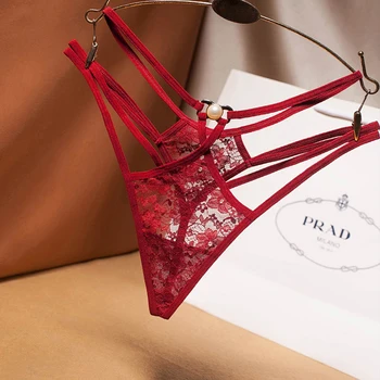 

Sexy cut-out perspective women's underwear lace fashion cross belt bundled thong pearl decoration t pants embroidered G-String