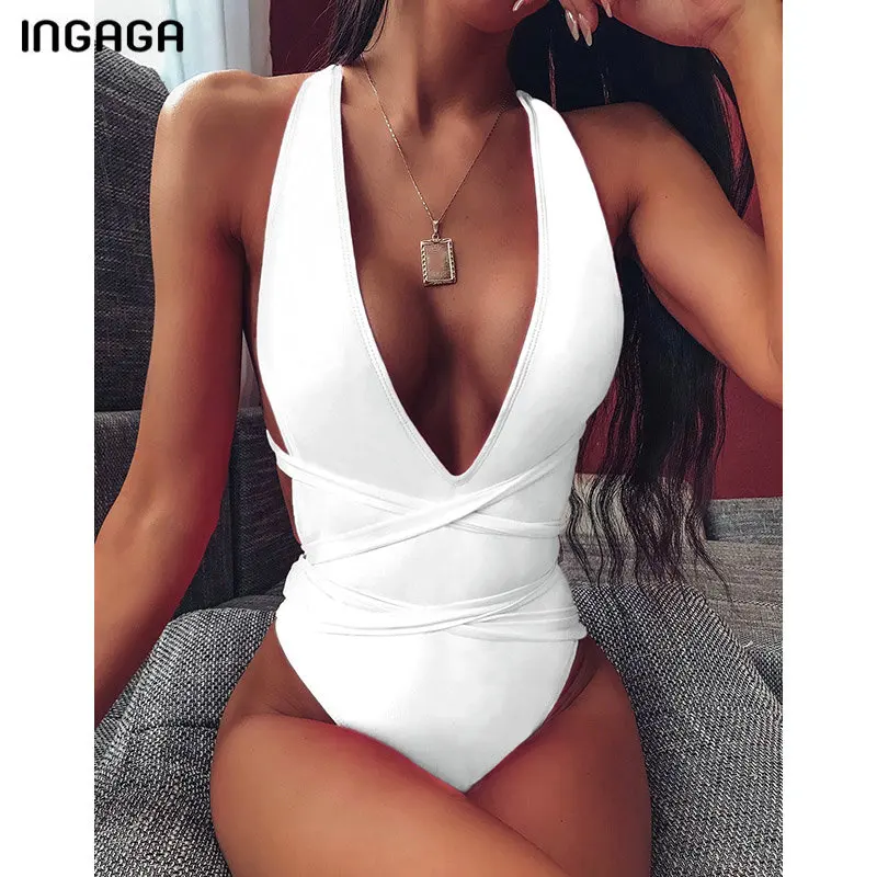INGAGA 2020 Plunging Swimsuit One Piece High Cut Swimwear Women Cross Bandage Beachwear Summer Backless Bathing Suit Women-1