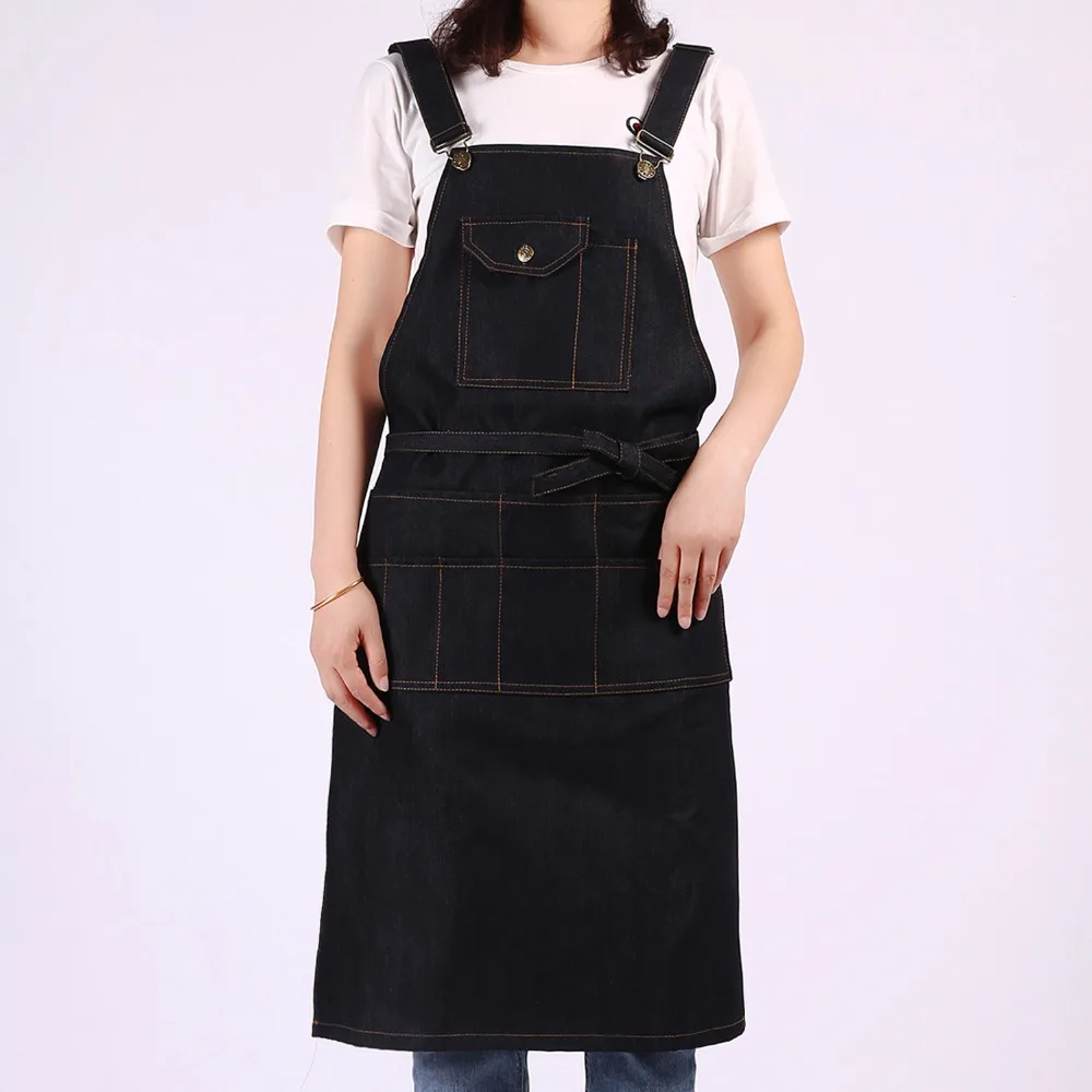 Fashion black Denim Apron for Chef kitchen Apron for woman men with Tool Pockets BBQ Adjustable M to XXL