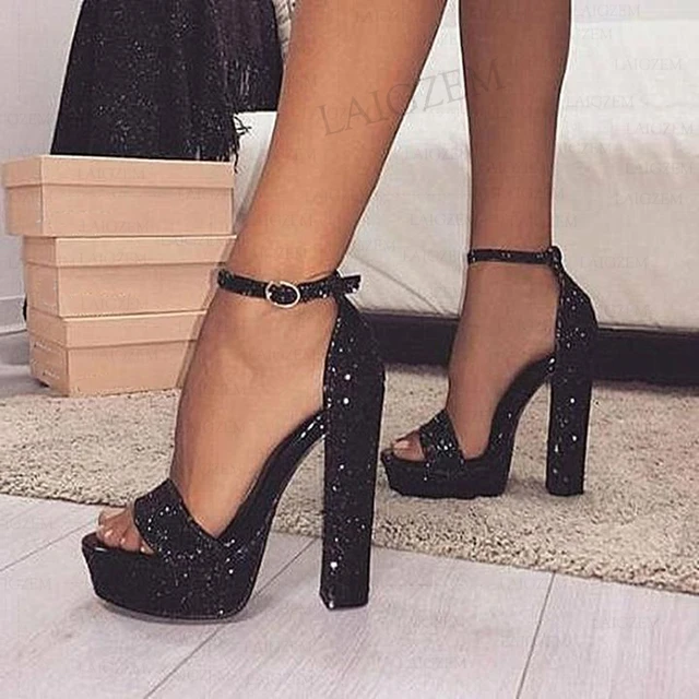 Charlotte Black Glitter Block Heel Pumps