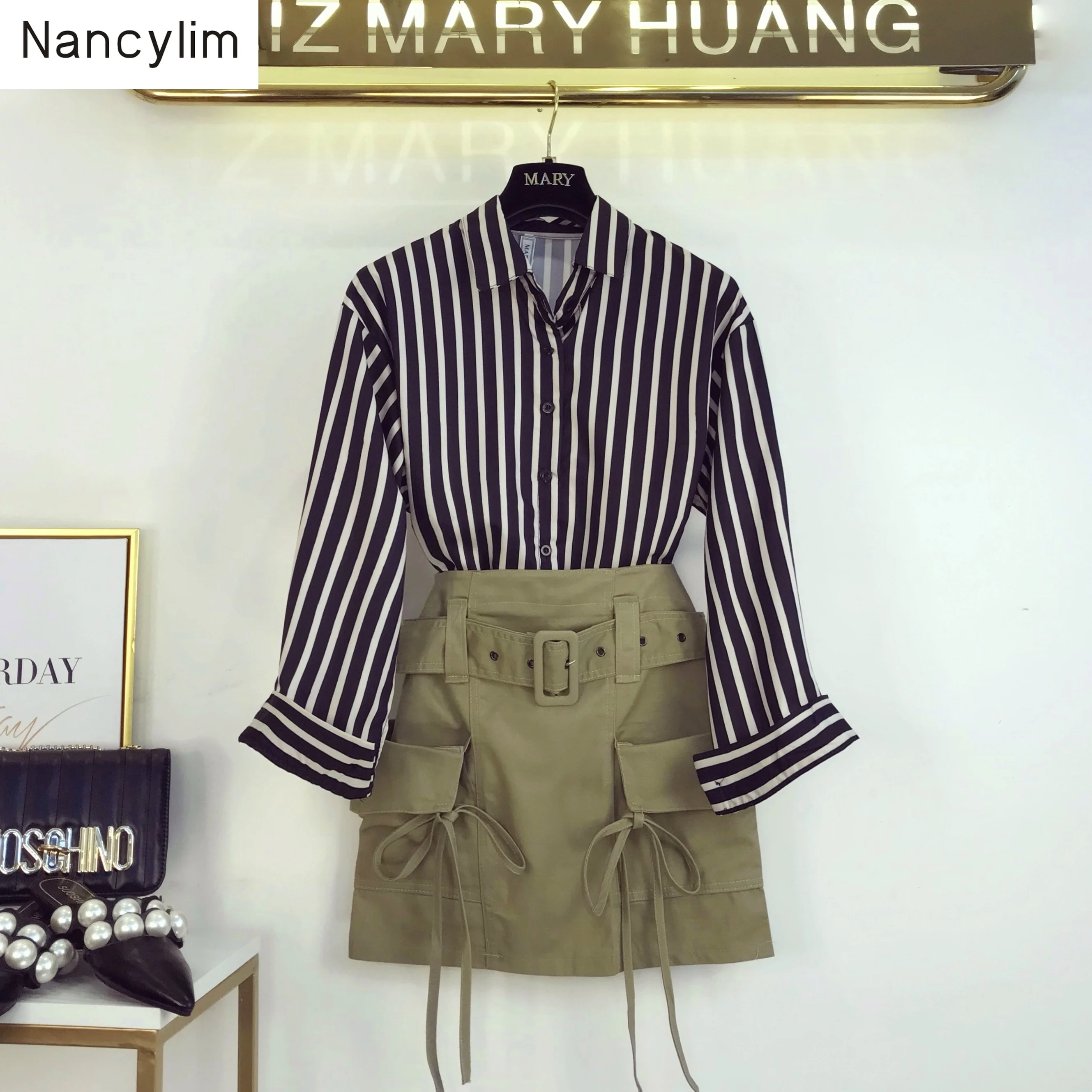 

2019 New Women's Autumn New Fashion Striped Shirts + Temperament High Wait Slim Pocket Skirt Two-piece Girls Ladies Skirts Suit