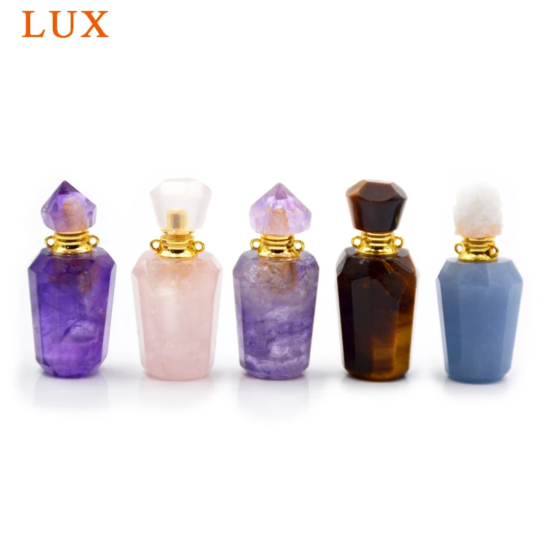 

Natural gems perfume bottle Pull out plug type essential oils bottle different caps pendant with stick for necklace girl gift
