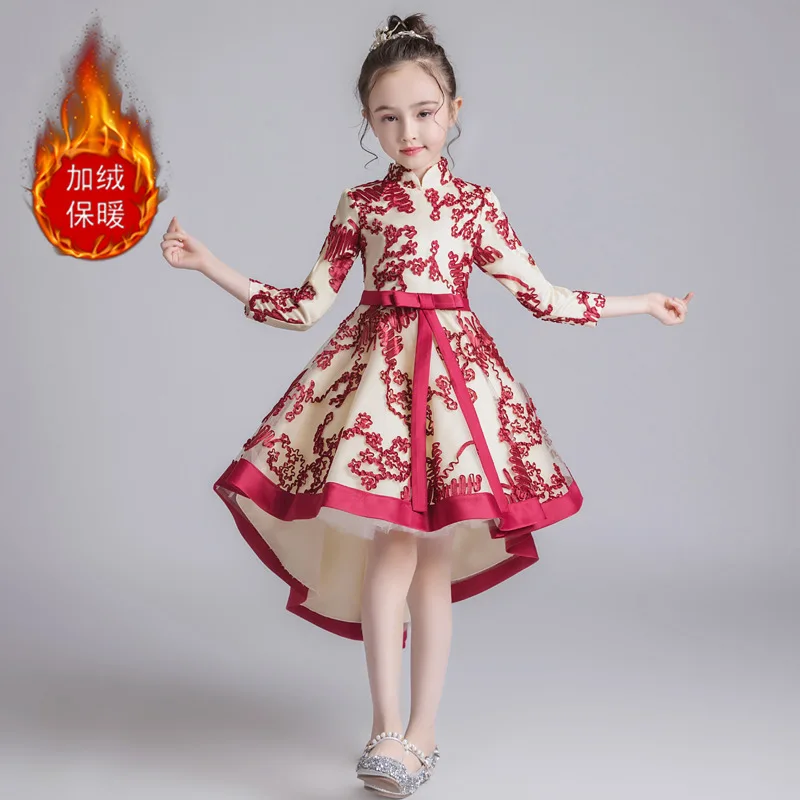 Осенняя одежда со шлейфом для выступлений платье принцессы для девочек детское платье Чонсам детское платье с рукавами - Цвет: red Plus velvet