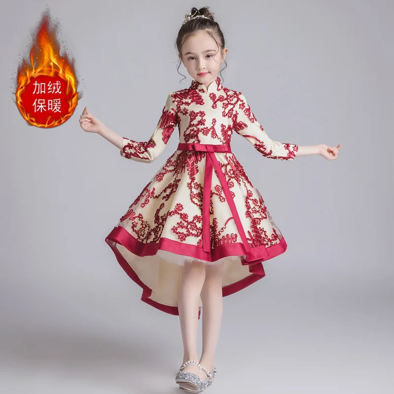 red Plus velvet Осенняя одежда со шлейфом для выступлений платье принцессы для девочек детское платье Чонсам детское платье с рукавами - Цвет: red Plus velvet