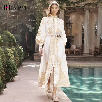

Spring Summer Floral Print Women Runway Maxi Dress Elegant Ladies Lantern Long Sleeve Single Breasted Side Split Party Dresses