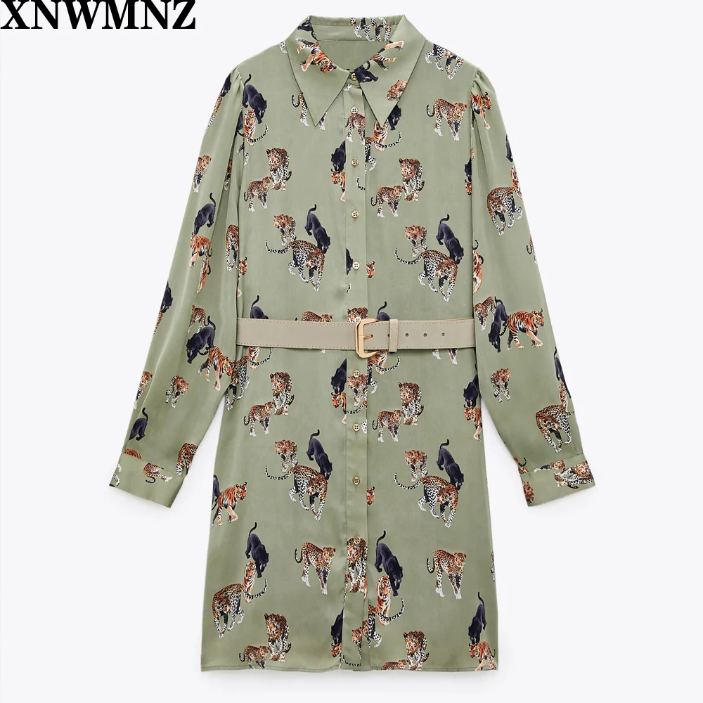 

XNWMNZ Za women vintage printed mini dress with belt female 2020 fashion lapel collar long sleeve chic Animal print dresses