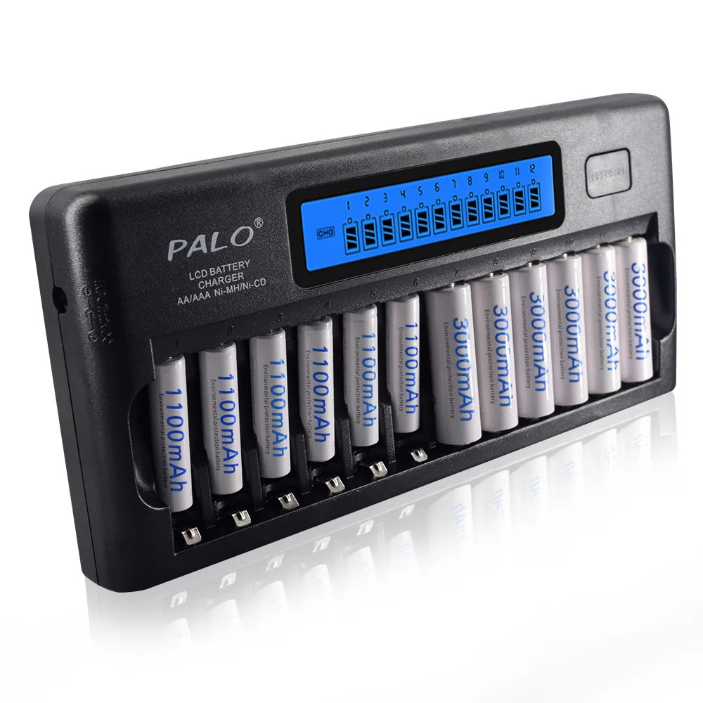 

PALO 12 slot AA battery charger quick charge discharge AAA smart LCD charger for 1.2V 2A 3A aa aaa rechargeable battery charger