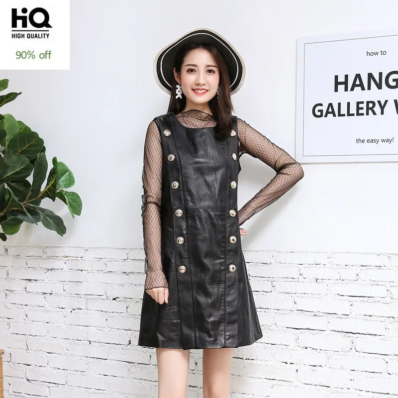 

Spring Autumn New Double Breasted Real Leather Dress Women Black Slim Midi Sheepskin Dresses Street O-Neck Zip Dress Plus Size