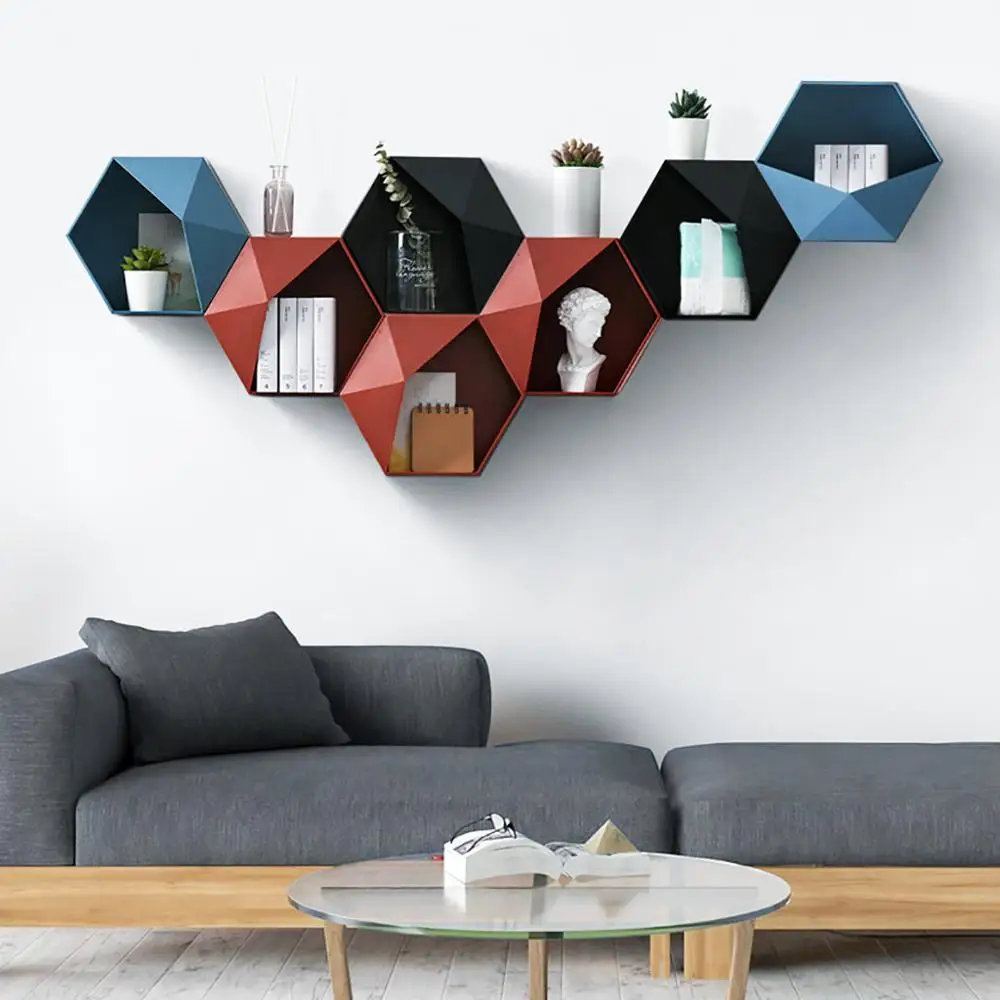 플로팅 선반 거실 벽 마운트 기하학 펀치없는 벽 장식 욕실 벽 선반 Etagere 벽화