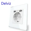 Delviz EU Standard USB Socket, Tempered Crystal Glass Panel, White/Black, 5V 2100mA Double usb, Household 16A Wall Power Outlet ► Photo 1/3