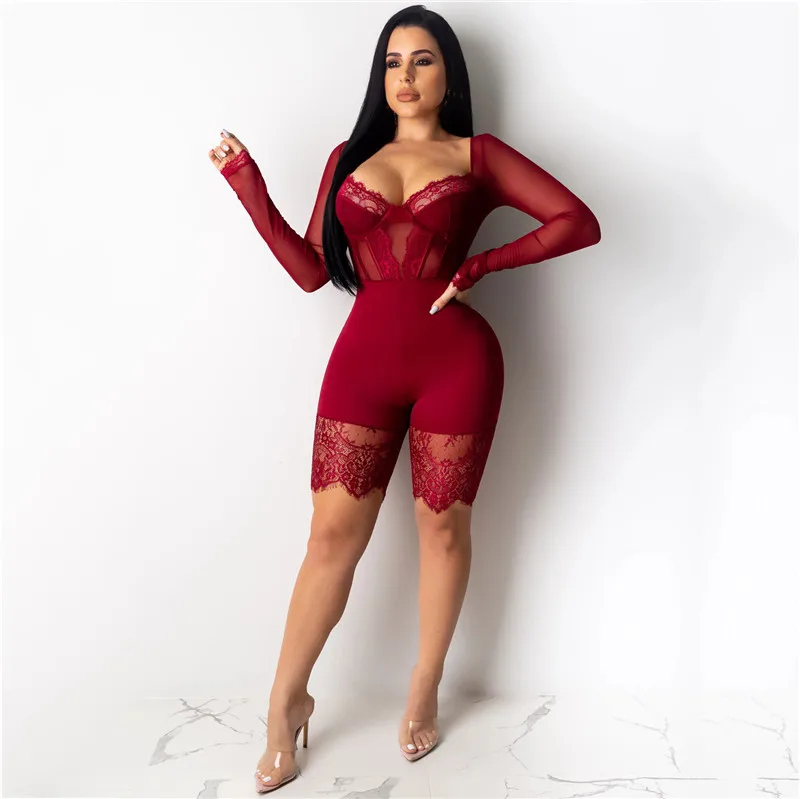 Wine Red Long Sleeve HUTI, прозрачные сетчатые кружевные Комбинезоны для женщин, спортивный костюм, сексуальный комбинезон с выемкой, женские комбинезоны с v-образным вырезом, вечерние комбинезоны - Цвет: Wine Red Long Sleeve