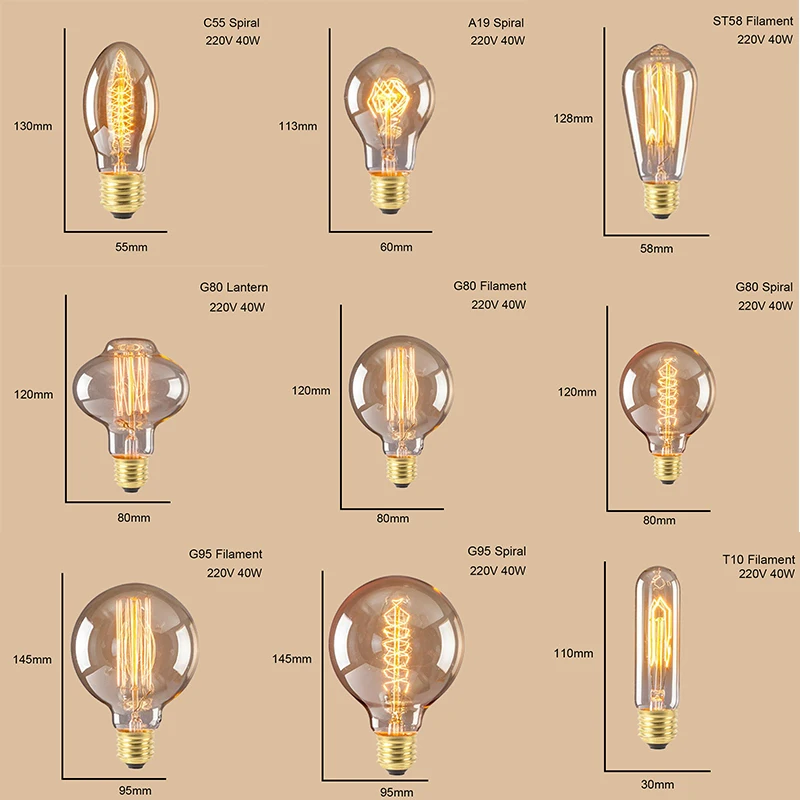 ST64 G95 G80 T30 лампочка накаливания Эдисона с затемнением 40 Вт 220 в E27 винтажный светильник Ретро подвесной светильник нить Спираль Промышленный Декор