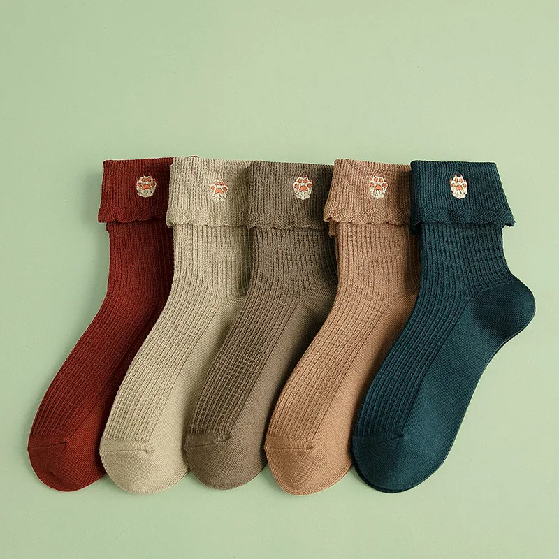 20 пар в наборе, новинка, хлопковые женские носки средней длины с вышивкой, японский мультяшный Кот, женские носки с вышивкой
