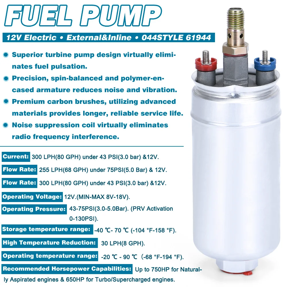 VR-TOP QUALITY External Fuel Pump 044 OEM:0580 254 044 Poulor 300lph come with PQY pack VR-FPB044 fuel pump