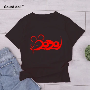 

2020NEW mouse Printing Women's T shirt Graphic T Shirt Tumblr Tops Harajuku new Year happy Funny Pink O-neck t-shirt female
