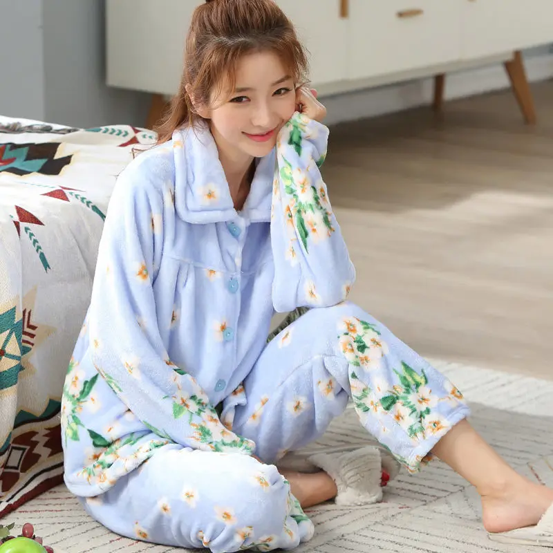 Пижамы для женщин; большие размеры; пижамы с длинными рукавами; Женские Фланелевые пижамы; сезон осень-зима; женский домашний костюм; домашний костюм для женщин; L-XXXL для сна - Цвет: women pajama winter
