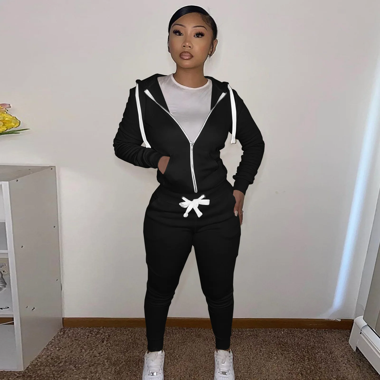 New 2 Piece Set Women Lounge Wear Tracksuit Cropped Hoodie Long Sleeve Drawstring Sweatpants Streetwear Jogger Set Slim Outfits