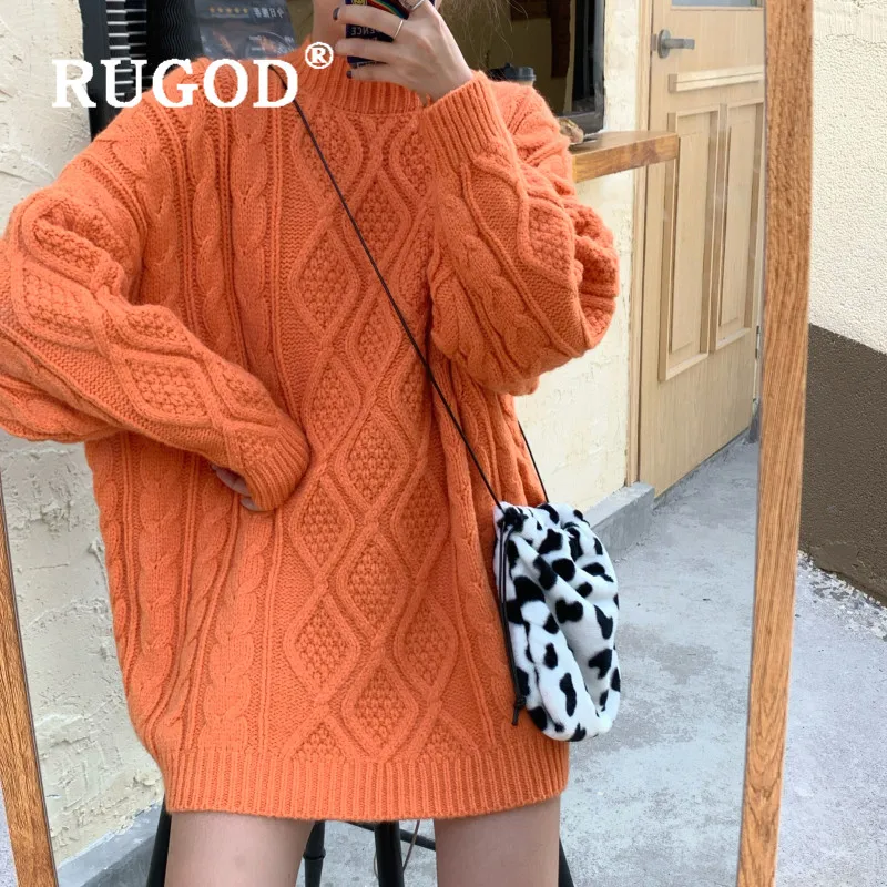 RUGOD, твист узор, однотонный, длинный свитер с круглым вырезом, пуловер Simplee, джемпер, зимние топы для женщин, элегантная вязаная одежда, корейский стиль