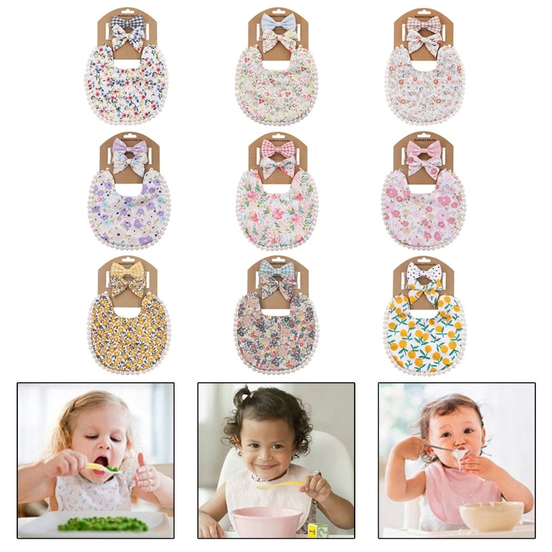 

2 Pcs Baby Headbands+ 1 Pc Tassel Saliva Towel Kit Newborn Floral Print Double Side Bibs Bandana Burp Cloths Feeding Smock