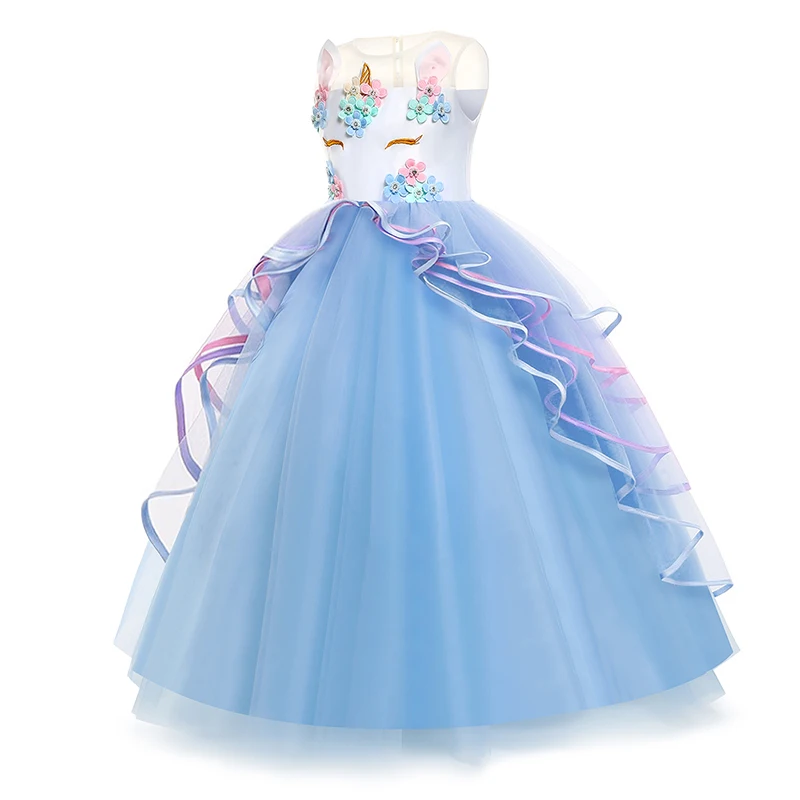 Unicorn Dress Girls Birthday Party Clothes Embroidery Flower Ball Gown Kids Rainbow Formal Princess Children Costume
