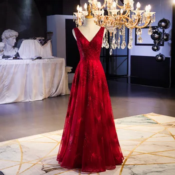 

Sexy Slash Neck Evening Party Dress Bling Beads Women Burgundy Bridal Wedding Dress Elegant Cheongsam Female Mesh Dress Qipao