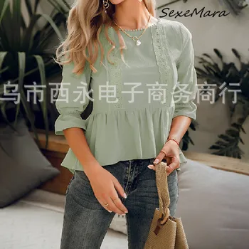 

2020 Summer New Fashion O-neck Women T-shirts Casual Lace Petal Sleeves Slim Women Clothes