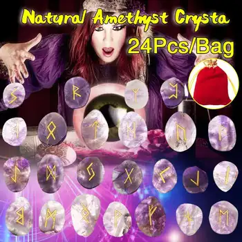 

24Pcs Natural Tumbled Amethyst Rune Stones Engraved Lettering Crystal Wiccan Healing Stone Decor Ornament Home Decoration Crafts
