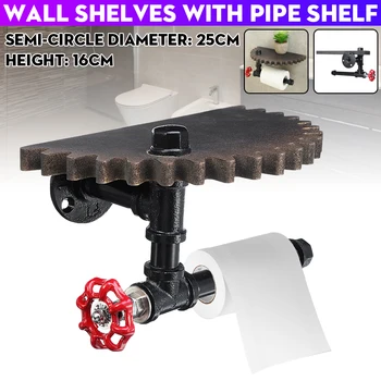 

Toilet Roll Holder Multifunction Retro Style Iron Pipe Wall Mount Paper Towel Rack with Wooden Storage Shelf Retro Bathroom Rack