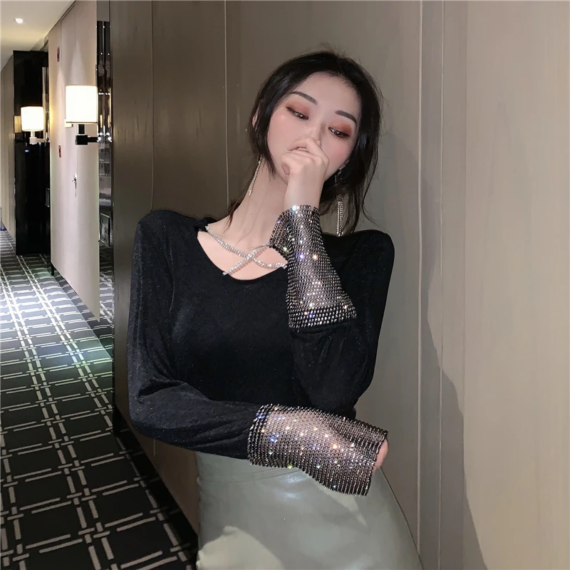 WHITNEY WANG футболка Весенняя модная уличная одежда прозрачная Бриллиантовая сетка Лоскутная бархатная футболка женская футболка Женские топы