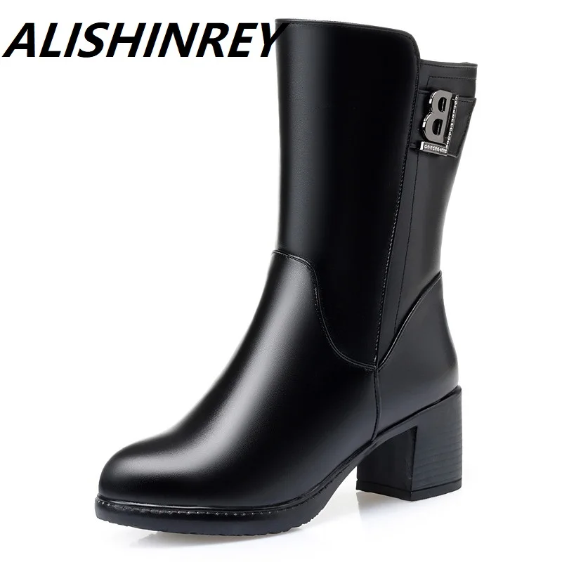 Snow Boots Women Winter New Genuine Leather Ladies Snow Boots Wool High Heel Ladies' Winter Boot Large Size 42 43