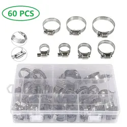 60Pcs Adjustable 8-38mm Diameter Clips Worm Gear Hose Clamp Assortment Kit for Various Pipes Automotive Mechanical Use