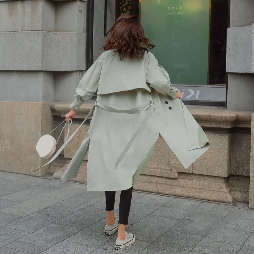 

Photo Shoot INS Hipster Light Green Crew Neck Single-Breasted Trench Coat Women's Design Sensing Slit Waist Hugging Lace-up Coat