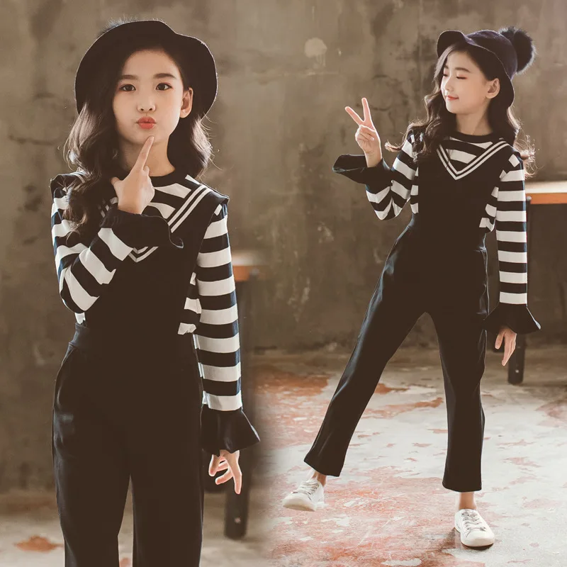 

YK3042 2020 Spring New Korean Girls Big Kids Fashion Stripe T Shirt & Pure Black Deep V Bib Pants