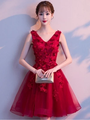 burgundy Robe de soriee короткие темно-красные коктейльные платья Дешевое кружевное с принтом А-силуэт тюль без рукавов Коктейльные Вечерние платья для выпускного вечера - Цвет: burgundy