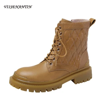 

Retro Lace-up Flat Boots Soft Ankle Boots Autumn Winter New British Style Thick-soled Side Zipper Motorcycle Boots Women