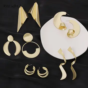 

IngeSight.Z 6 Styles Matte Gold Color Half Moon Circle Stud Earrings Female Punk Exaggerated Irregular Twisted Earrings Jewelry