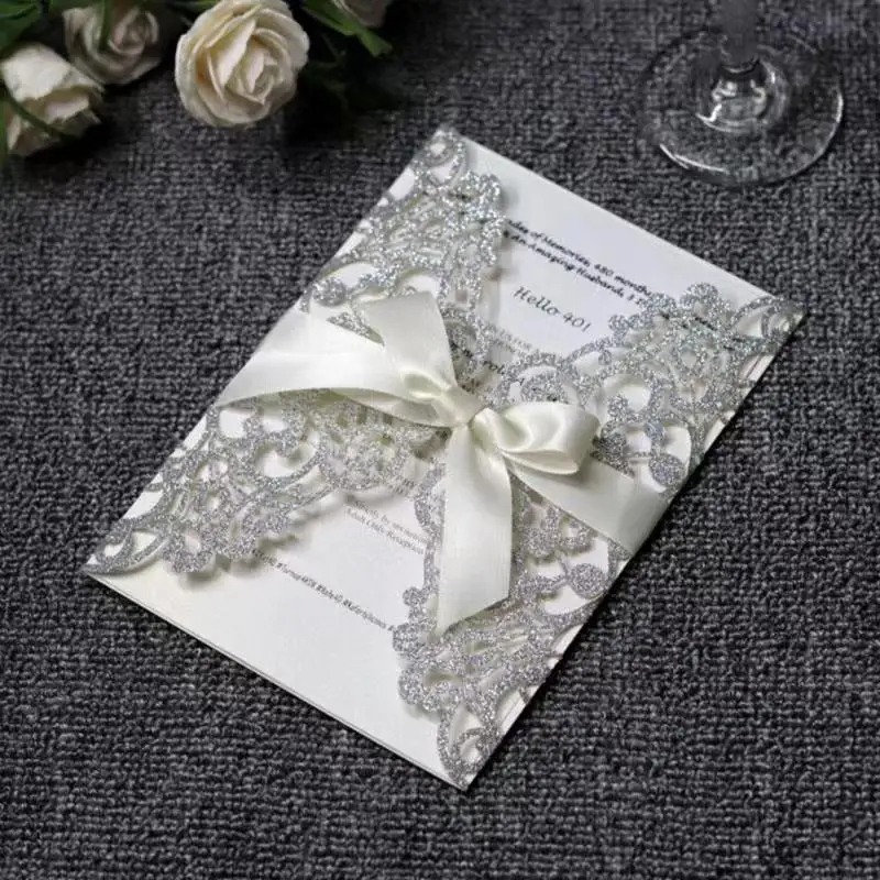 

20pcs/lot Glitter Paper Wedding invitations Silver Gold Laser Cut Wedding Invitation Card with Blank inner card Universal Cards