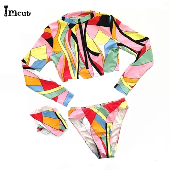 

2020 New Women High Waist Leaf Print Push-up Padded Bikini Set Zipper Long Sleeve Swimsuit Headband Swimwear Bathing 3PCS