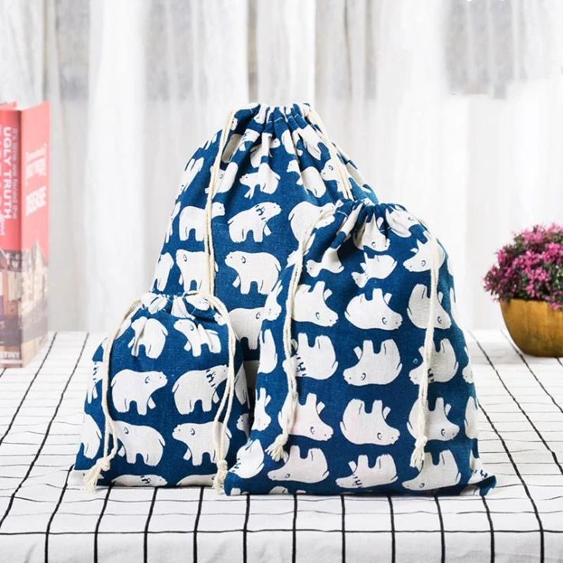 Cotton Linen Drawstring Bag Fabric Pouch Cute Cartoon Print Kids Travel Cloth Shoes Storage Bag Makeup Case Christmas Gift Bag 5