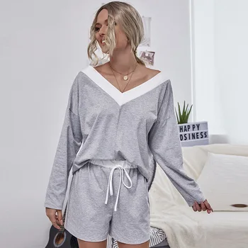 

2020 Autumn Casual Oversized Loose Two-Piece Suit Sexy V Neck Solid Long Sleeve Top And Shorts Drawstring Casual Sets Outfits