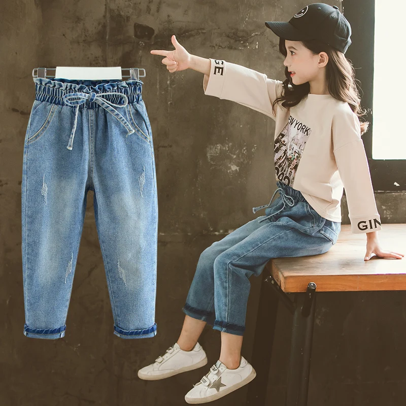 Джинсы для девочек; повседневные свободные джинсы; детские брюки; Модная одежда для маленьких девочек; детская одежда; Vestidos для детей 6, 8, 10, 12 лет - Цвет: Синий