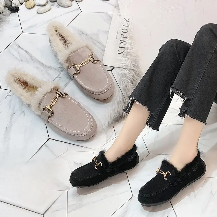 

Slip-on Moccosins Women's 2019 Autumn And Winter New Style plus Velvet Thick Bottomed Warmth Retention Material Side Scoop Booti