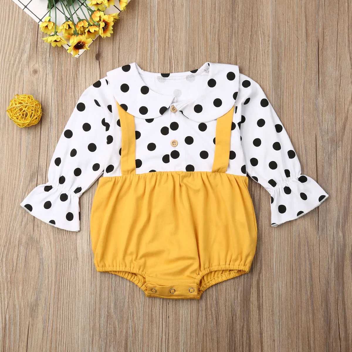 Комбинезон в горошек с длинными рукавами для новорожденных девочек, спортивный костюм комбинезон, одежда для детей от 0 до 18 месяцев - Цвет: Цвет: желтый