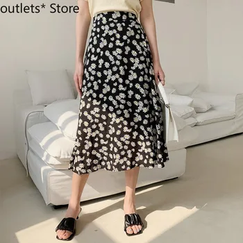 

Summer New Women's Floral Skirt Han Gao Waist A-line Skirt Long Skirt Fashion Casual Women