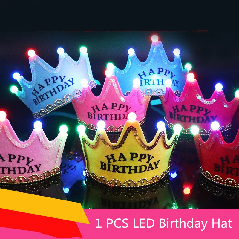 

LED Luminous Happy Birthday Party Hats Cute King Cap Princess Crown Baby Shower Decorative Supplies Boy Girl Gifts