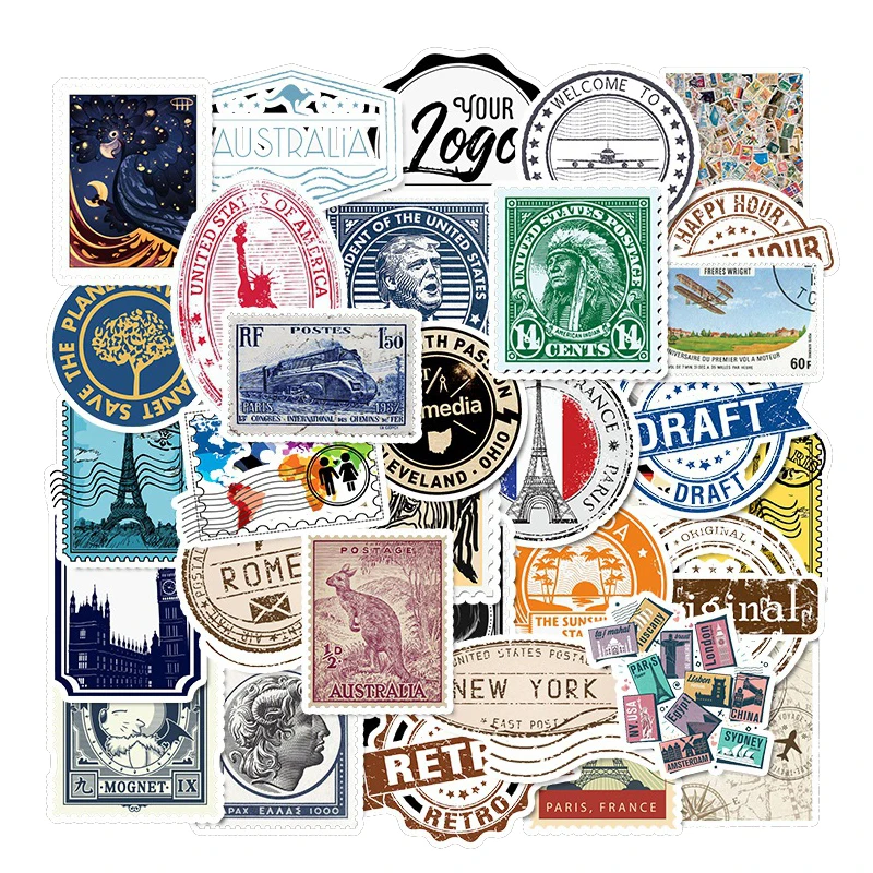 

50Pcs Vintage Stamp Stickers Retro Travel Stickers Suitcase Sticker Decals Toys for Laptop Luggage Sticker Phone Sticker