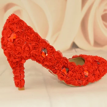 

Red Flower Woman Wedding Dress Shoes Fashion Woman Bridal Shoes Lady Crystal Evening Party Prom Dress Shoes Free Shipping