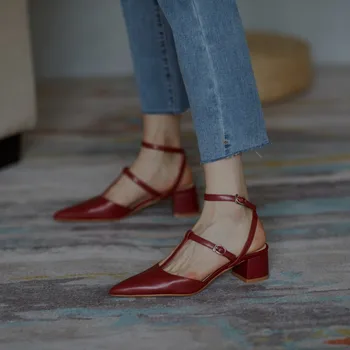 

Fashion Sandals Women's New Summer Fairy Middle Heel Thick Heel Sandals Solid Ribbon Sandals